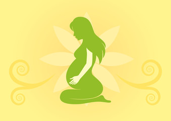Healthy pregnant woman vector. Silhouette of a pregnant woman. Orange floral background