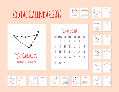 Monthly Calendar with the image of the zodiac signs and constellations. Vector calendar for 2017 on a white background. The creative idea for the design decoration diary.
