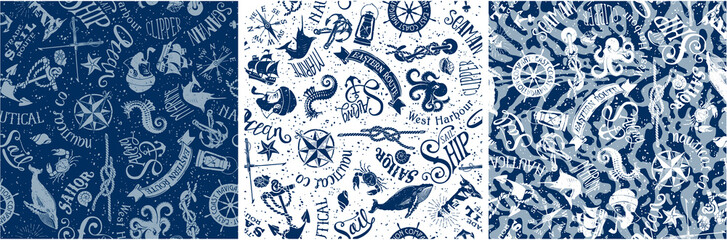 vintage nautical and marine elements, vector seamless pattern