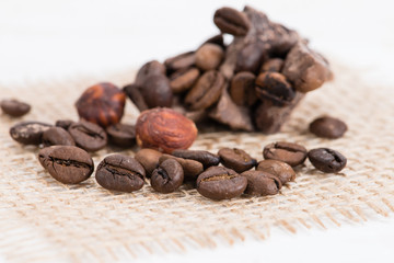 macro coffee beans and hazelnuts