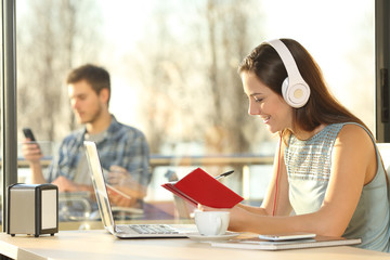 Woman taking notes in agenda and laptop