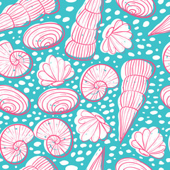 Seamless sea pattern with different shells
