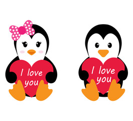 penguin girl and boy with heart vector