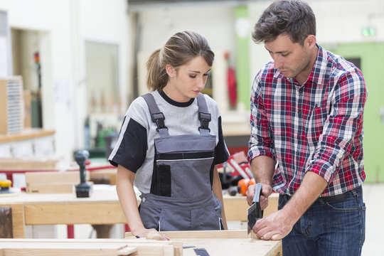 young apprentice with professional carpenter