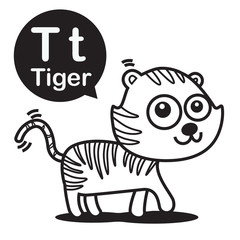 T Tiger cartoon and alphabet for children to learning and colori
