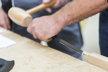 young apprentice with professional carpenter