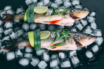 Cooking background, fresh fish on the ice cubes