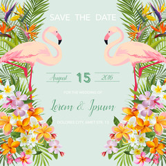 Save the Date. Wedding Card. Tropical Flowers. Flamingo Bird.  Tropical Design