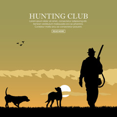 Hunter silhouette with dogs. Outdoor hunting sport. Vector illustration. - obrazy, fototapety, plakaty