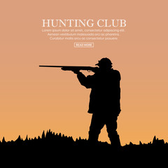 Hunter silhouette with gun. Outdoor hunting sport. Vector illustration.