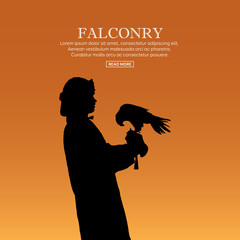 Falcon hunting. Birds of prey sitting on hand. Trained hunting bird. Outdoor hunting sport. Vector illustration.