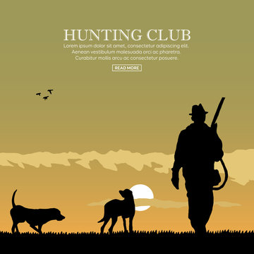 Hunter silhouette with dogs. Outdoor hunting sport. Vector illustration.