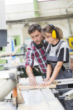 young apprentice with professional carpenter