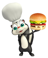 fun Skunk cartoon character with burger  and chef hat