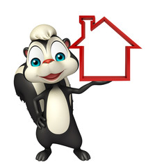 fun Skunk cartoon character with home sign