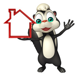 fun Skunk cartoon character with home sign