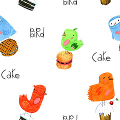 watercolor bird, seamless pattern