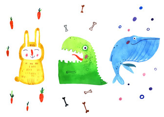 watercolor animal, cartoon illustration, rabbit, dino, whale