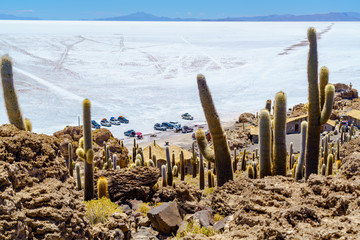 Tourists parking car at Incahuasi Island in Salar de Uyuni Salt