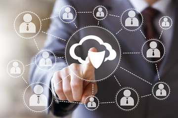 Businessman pushing button cloud protection antivirus security shield web