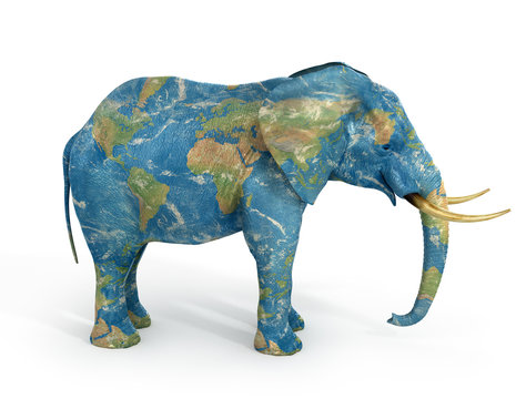 Stability Concept. Elephant Painted In Texture Of World. 3d Illu