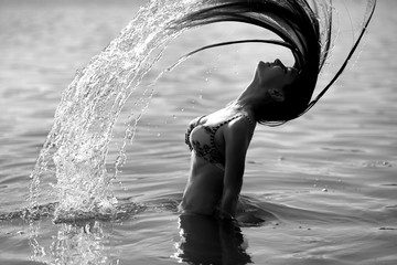 Young beautiful sexy attractive girl, lady, woman, model. Sea bathing, recreation, river, water,...