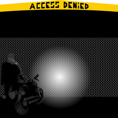 Cruise motorcycle and biker on the road in front of Rabitz metal net fence with sign "Access denied" as metaphor of an empty server page error