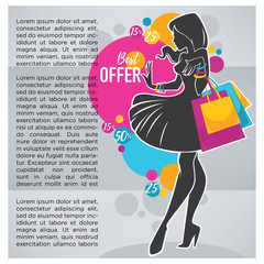 bright shopping background with elegant woman silhouette and sho