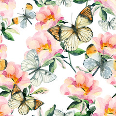 Watercolor briar flowers and butterfly seamless pattern. Dog Rose branches in vintage style