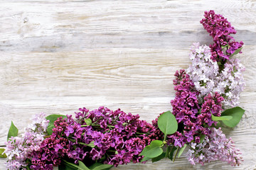 Blossom branches of purple lilac on wooden background 