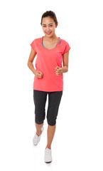 Sport girl isolated on white background. Running fitness sport woman jogging smiling happy.