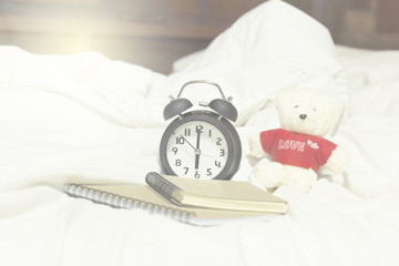 Clock, book and teddy bear on the bed in the sunlight