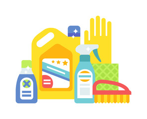 House cleaning hygiene and products flat vector icons set