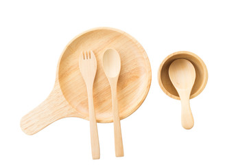 close up wooden dish ,spoon and fork on white background. top view