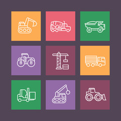 construction vehicles line icons on squares, heavy machines, engineering equipment, vector illustration