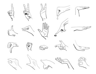 Hand collection - vector outline illustration. Set of 20 gestures. Black lines hand on white background.