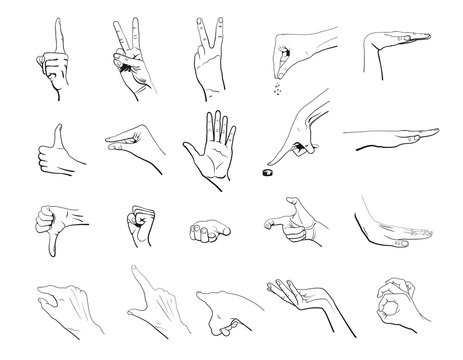 Hand collection - vector outline illustration. Set of 20 gestures. Black lines hand on white background.