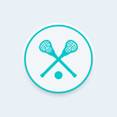 Lacrosse icon, sign, lacrosse sticks and ball vector pictogram, icon on round shape, vector illustration