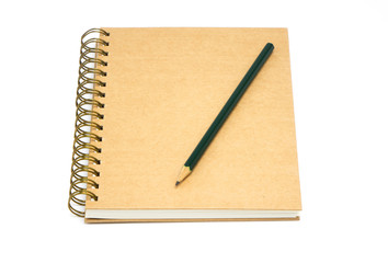 Recycle brown paper notebook and pencil on white background