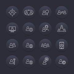 Personnel line icons, HR, Human resources, staff management, linear pictograms on round dark shapes, vector illustration