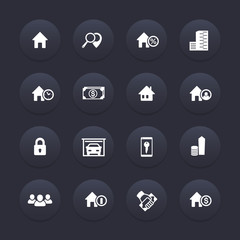 Real estate icons, house sale, apartments, search, houses for rent, real estate pictograms, round dark icons set, vector illustration
