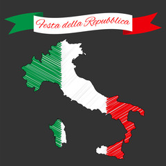 Vector illustration for National Day of Italy on 2 June. Ribbon with text Italian Republic Day. Italy map in colors of national flag.