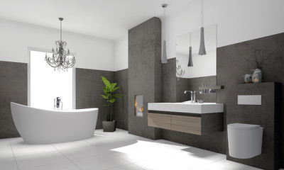 Luxuriöses modernes Badezimmer mit freistehender Badewanne - obrazy, fototapety, plakaty