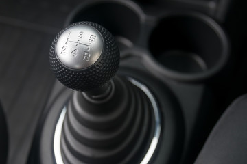 Car interior. manual transmission gear shift.