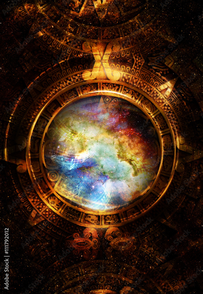 Poster ancient mayan calendar and music note, cosmic space with stars, abstract color background, computer 