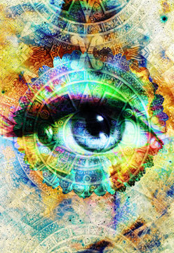 Ancient Mayan Calendar and woman eye, abstract color Background, computer collage. © jozefklopacka