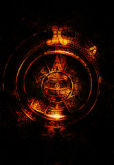 Ancient Mayan Calendar, abstract color Background, computer collage.