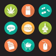 Bad habits flat design long shadow icons set