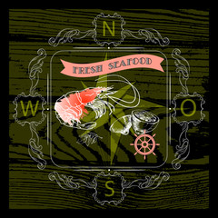 Vector seafood label with shrimps silhouette, nautical accsessor