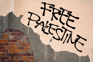 Handwritten graffiti Free Palestine sprayed on wall, anarchist aesthetics. Expression of solidarity...